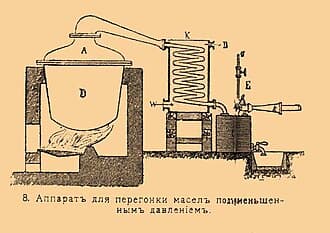 Gravure d'un appareil de distillation d'huiles à pression réduite, dictionnaire encyclopédique Brockhaus et Efron
