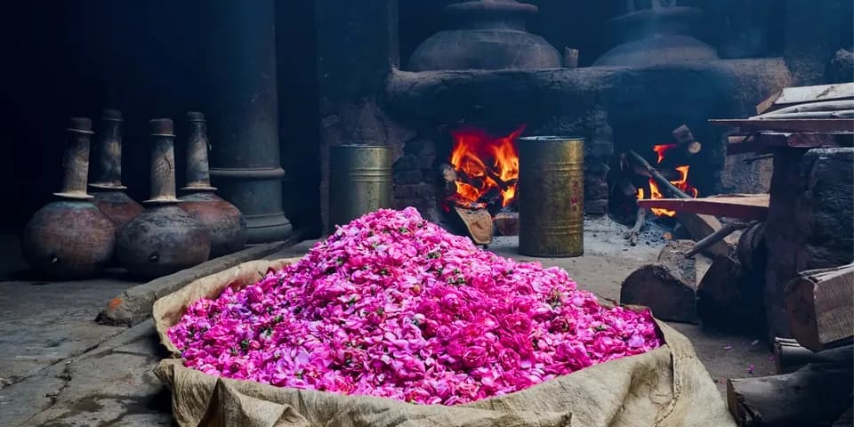 Récolte de pétales de roses destinés à la distillation, tradition de la parfumerie de Kannauj